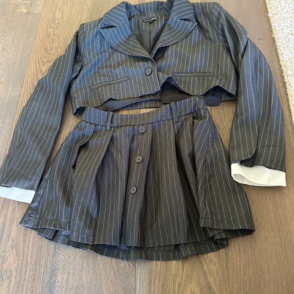Pinstripe Cropped Blazer and Skirt Set
